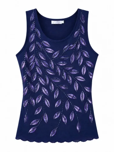 Blusa Vintage Feminina G Bordada com Miçangas Azul-Marinho Roxa Lilás
