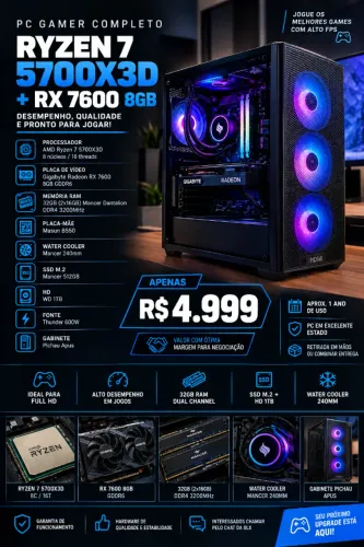 PC Gamer Ryzen 7 5700X3D + RX 7600 8GB + 32GB RAM