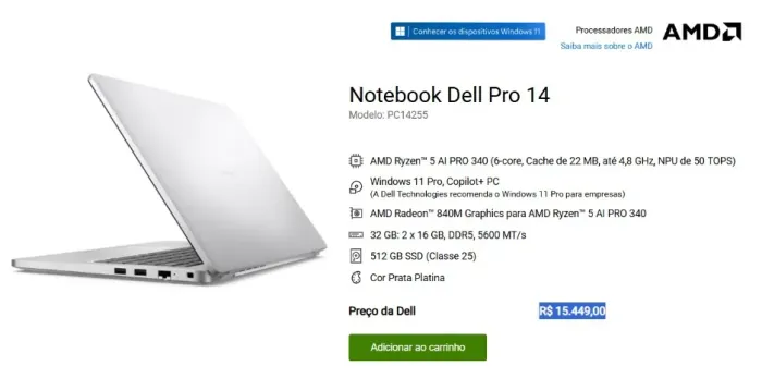 Dell Pro 14 PC14255 AMD RYZEN PRO 340 32GB 512GB