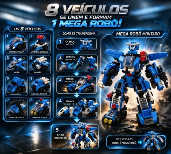 brinquedo educativo 8 veiculos que transforma em robo