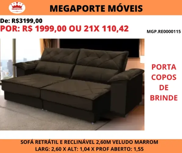 Sofá Retrátil e Reclinável 2,60 Veludo