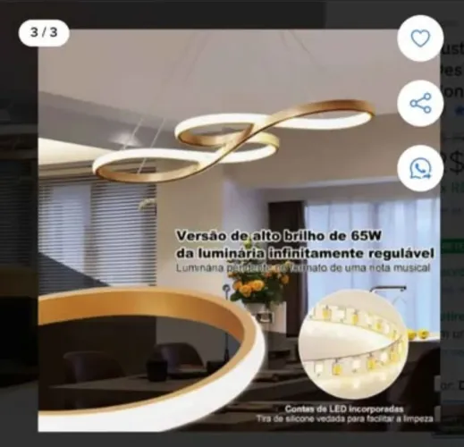 Lustre Pendente Dourado Moderno Infinito 3 Em 1 Com Controle (Usado)