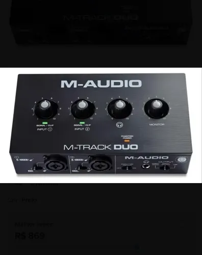 Interface de Áudio M Áudio MTRACK DUO preta com 2 entradas e phanton power