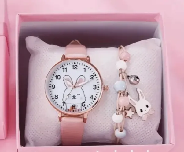 conjunto infantil relógio e pulseira coelhinho rosa