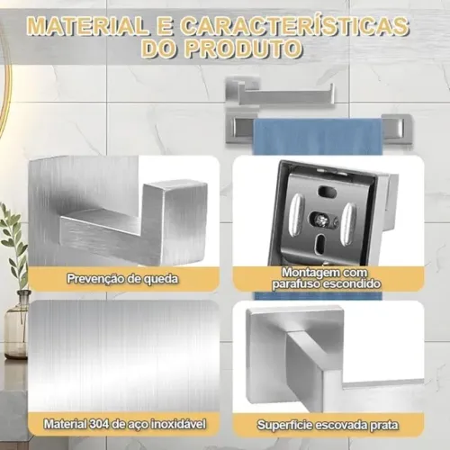 Kit Banheiro Porta Duplo Toalhas 4 Peças Aço Inox Escovado Premium