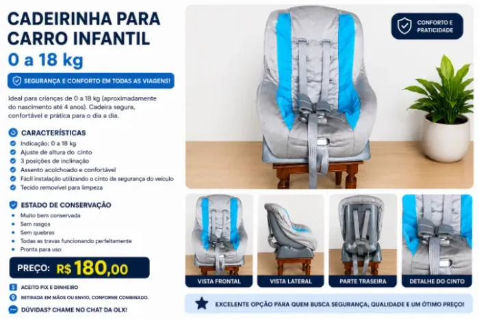 Cadeirinha para Carro Infantil 0 a 18 kg - Excelente Estado