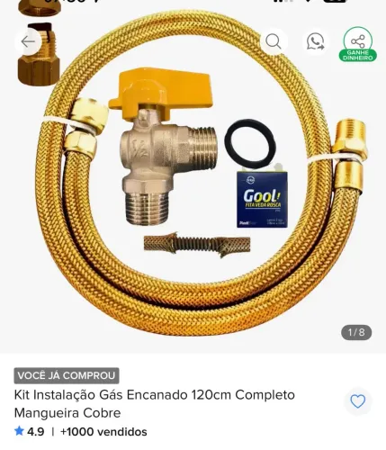 Kit Instalação Gás Encanado 120cm Completo Mangueira Cobre