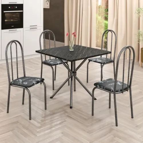 Mesa de Cozinha Ubatuba Martelado Tmp MDP Indiana Preto 70x70 com 4Cds Martelado Teixeira