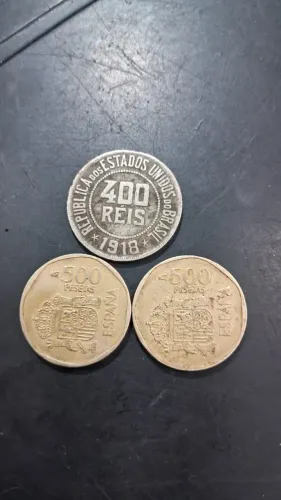 Lote Moedas Antigas: 400 Réis 1918 (Tiragem Baixa) + Par 500 Pesetas Espanha