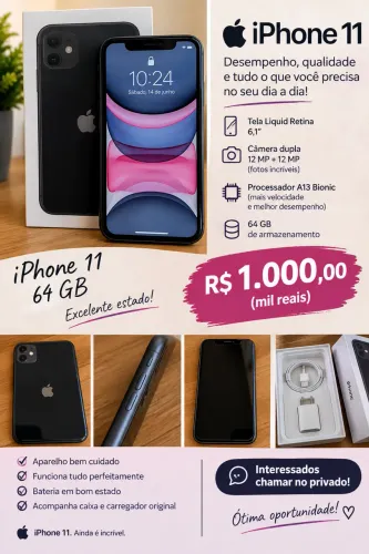 Por R$ 1.000 iPhone 11, 64 GB, bem conservado