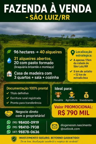 FAZENDA À VENDA EM SÃO LUIZ/RR - OPORTUNIDADE IMPERDÍVEL! ?