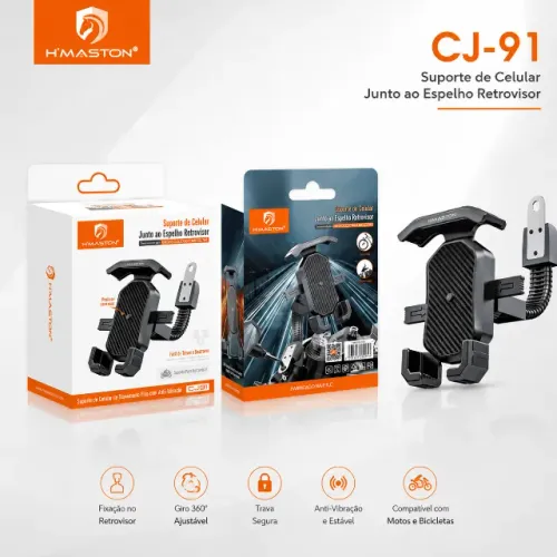 Suporte Celular H'Maston CJ-91 Moto Bicicleta Retrovisor 360° Universal GPS Bike pode reti