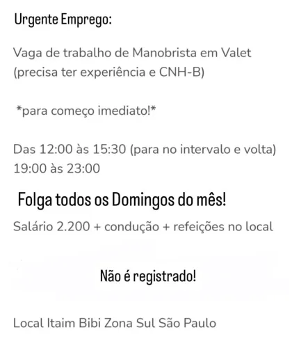 Vaga de trabalho p/ manobrista com experiência e CNH B