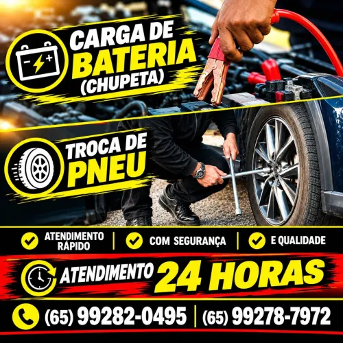Fazemos carga de bateria troca de pneu. 24 horas