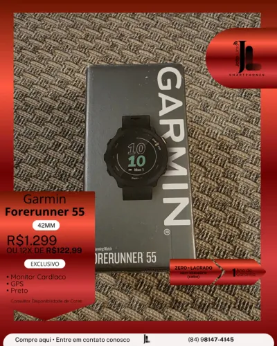 RELÓGIO GARMIN FORERUNNER 55, 42MM, PRETO, LACRADO, EXCLUSIVO!