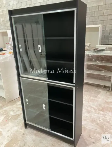 Estante Prateleiras Preto com Portas de Vidro