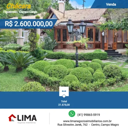 Chácara 31.878 m² na Colônia Figueiredo, Campo Largo / PR, prox vinhos Monjolo