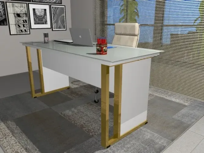 Mesa de Escritório Gold Delluxe Com vidro Temperado 8mm. L105CM X P55cm x A74CM. 1 Gaveta
