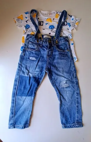Conjunto Zara 12/18 meses calça Jeans Suspensório e Camiseta 