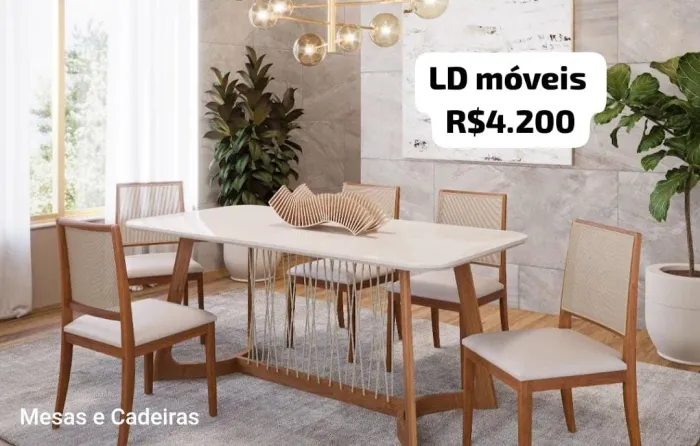 Mesa de Jantar com 6 Cadeiras e Tampo de Vidro Detalhes na Base