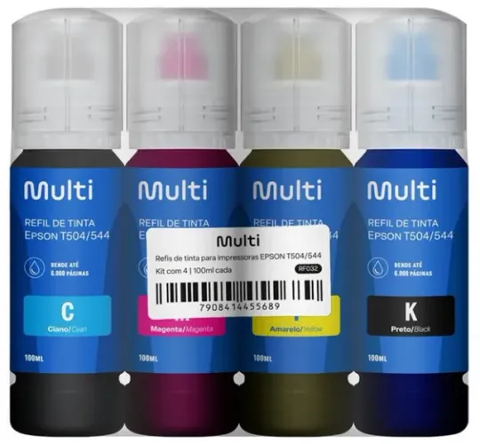 Kit Refil de Tinta p/ Impressoras Epson c/ 4 Cores T504/544 100ml Multi