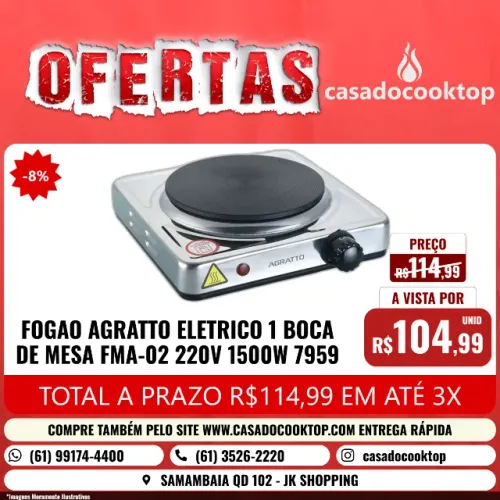 Fogão Elétrico de Mesa 1 Boca FMA-02 220V 1500W Agratto
