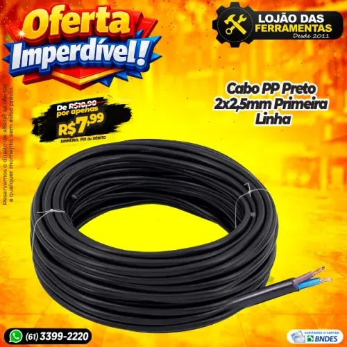 Cabo PP Preto 2x2,5mm Primeira Linha