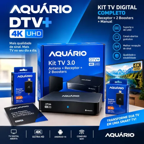 Kit Aquário TV 3.0 4K UHD: Receptor Android 14 (DTVP-7000) + Antena + 2 Boosters -Lacrados