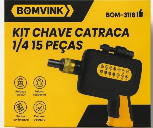 Kit Chave Catraca 1/4 15 Peças Rotaçao De 180 Grau Ferrament Preto