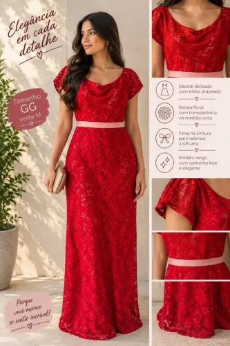 VESTIDO DE FESTA EM GUIPIR VERMELHO