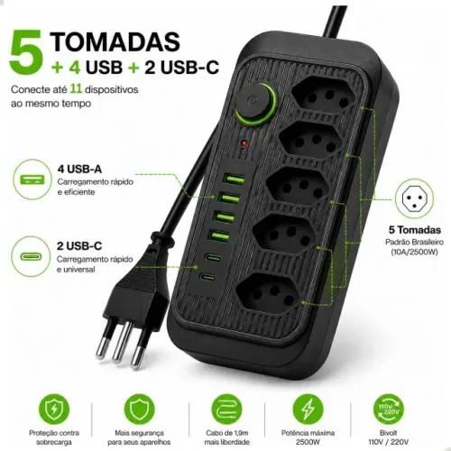 Extensão Elétrica 5 Tomadas + 4 USB e 2 USB-C | Régua Filtro de Linha Preto | NOVO LACRADO