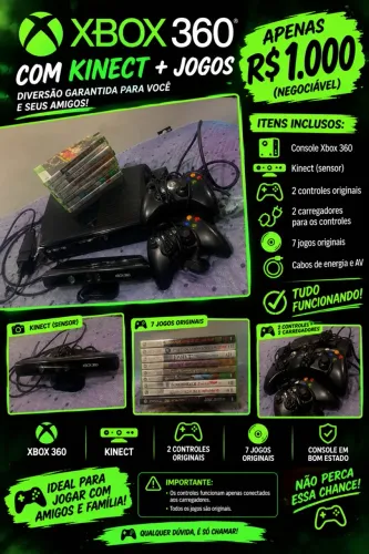 XBOX 360 COM KINECT, 2 CONTROLES E 7 JOGOS ORIGINAIS 
