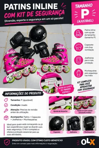? PATINS INLINE INFANTIL/FEMININO + KIT DE PROTEÇÃO - TAMANHO P AJUSTÁVEL