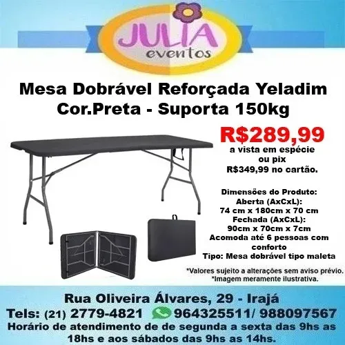 Mesa Dobrável Reforçada Yeladim PRETA - Suporta 150kg