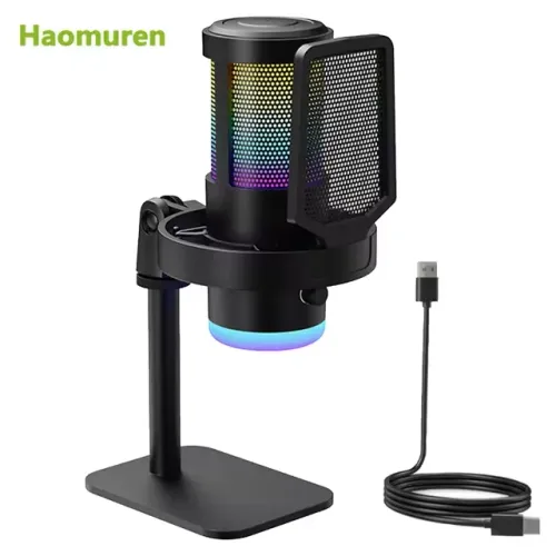 Microfone USB Condensador HAOMUREN com RGB - Ideal para Streaming, Games e Podcast