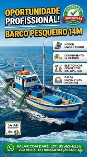 Barco Pesqueiro Madeira 14 Metros - Motor MWM 6 Turbo (Operando)