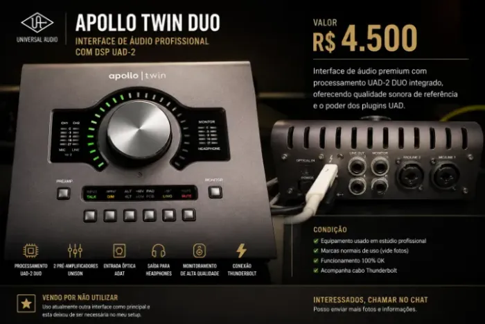 Universal Audio Apollo Twin DUO Thunderbolt - Interface de Áudio UAD - R$ 4.500