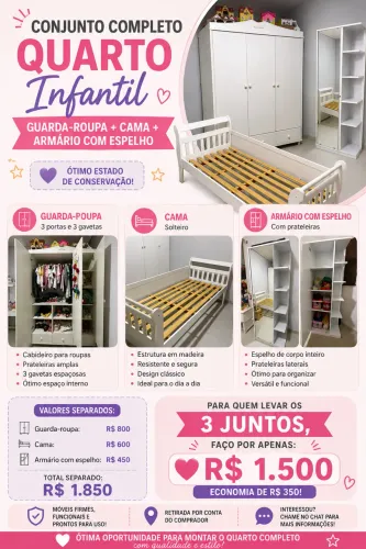 Conjunto Completo Quarto Infantil - Guarda-Roupa + Cama + Armário com Espelho