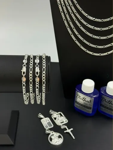 Kit Prata Mista 925 Nacional-(5) Correntes Pulseiras 3x15MM)(70CM)-Limpa Pratas de Brinde