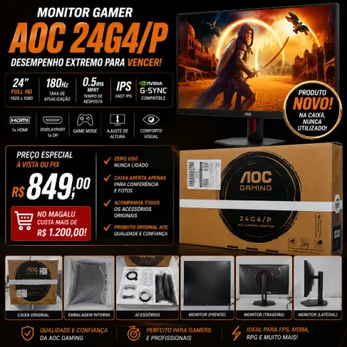 Monitor Gamer AOC 24G4/P 24? 180Hz Fast IPS 0,5ms - Novo