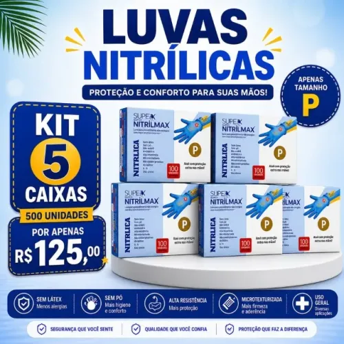 Kit 5 Caixas de Luvas Nitrílicas P - 500 Unidades