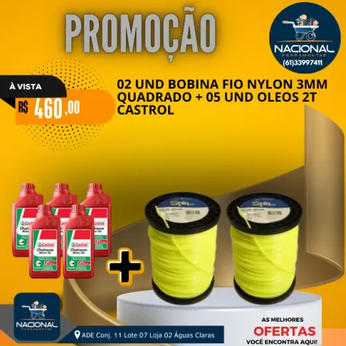 KIT PROMOÇÃO - 02 BOBINAS FIO NYLON 3MM QUADRADO + 05 ÓLEOS 2T CASTROL