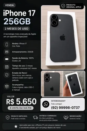 iPhone 17 256GB Preto - 2 Meses de Uso - Estado de Novo