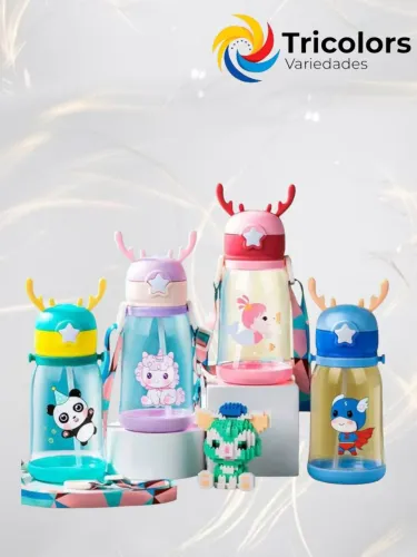 Garrafa Infantil de plastico 600mL orelhas de alce com cordinha de ombro