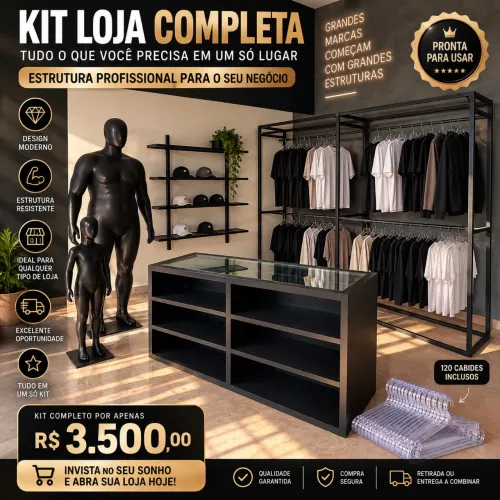 Kit completo estrutura para loja + araras + balcão + manequins