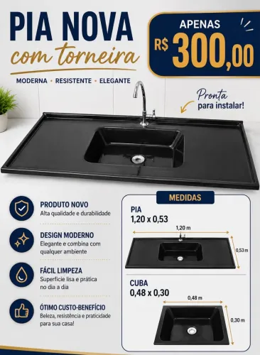 Pia cozinha Nova com torneira 1,20 x 053 Cuba 0,48 x 0x30