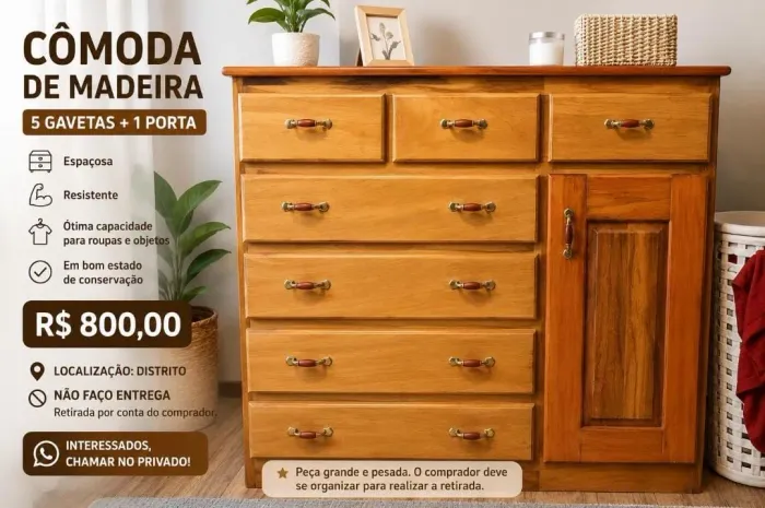 Cômoda de Madeira 5 Gavetas + 1 Porta - R$ 800