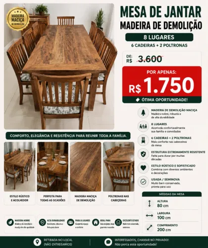 Mesa de Jantar em Madeira de Demolição Maciça - 8 Lugares