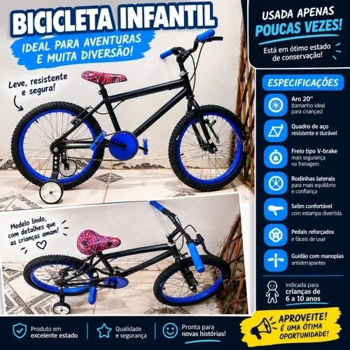 Bicicleta Infantil Aro 20 Preta e Azul com Rodinhas - Pouquíssimo Uso!