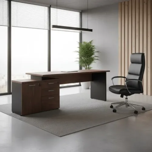 Mesa Escritório em L 1,50x1,50 Extensível Armário 3 Gavetas Marsala Preto 23482 Escritório